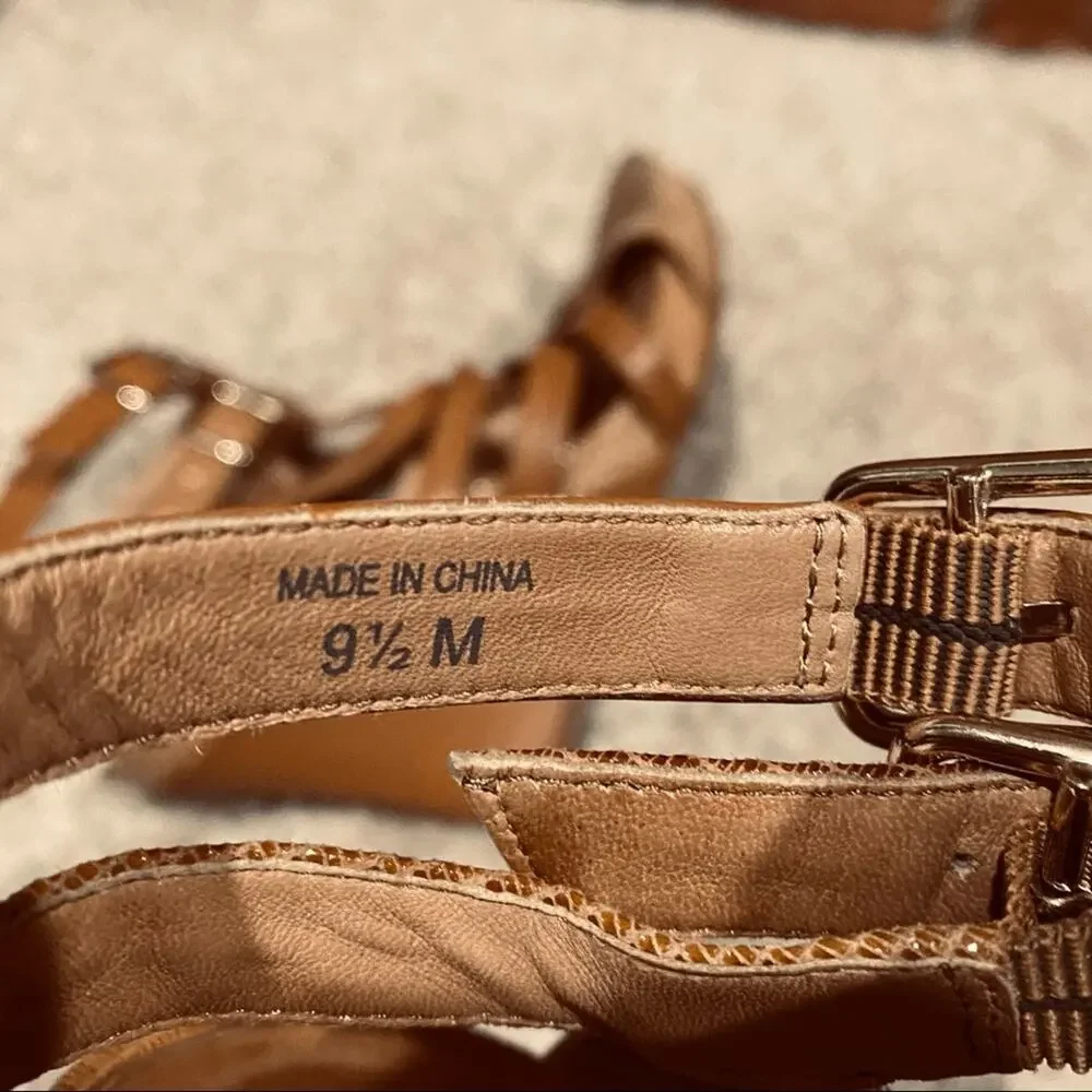Ann Taylor Tan Wedge Sandals Sz 9.5 Brown Ankle Strap
